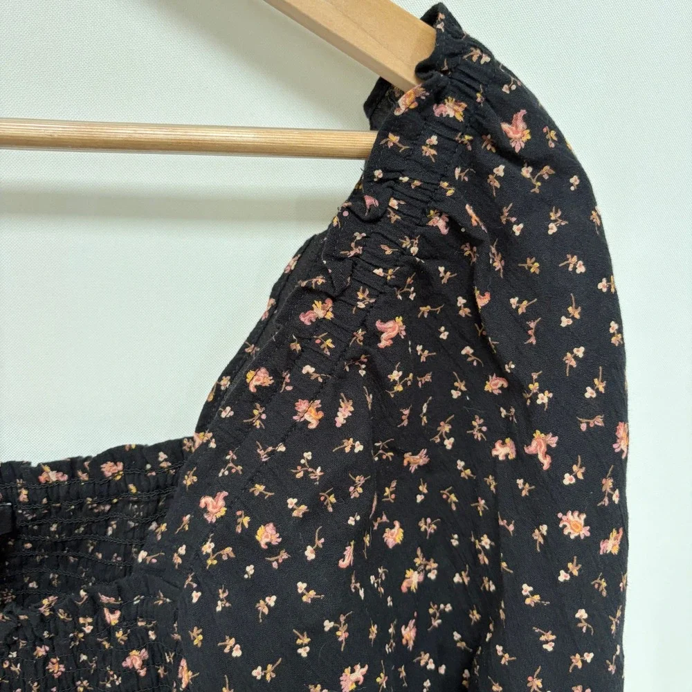 Madewell Smocked Floral Puff Sleeve Blouse 12 Black Womens NWT Boho Square Neck